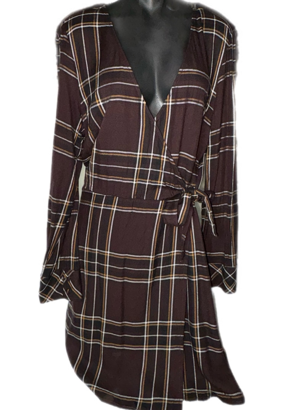 Sanctuary Brown Plaid Wrap Dress with Cream and Tan Stripes